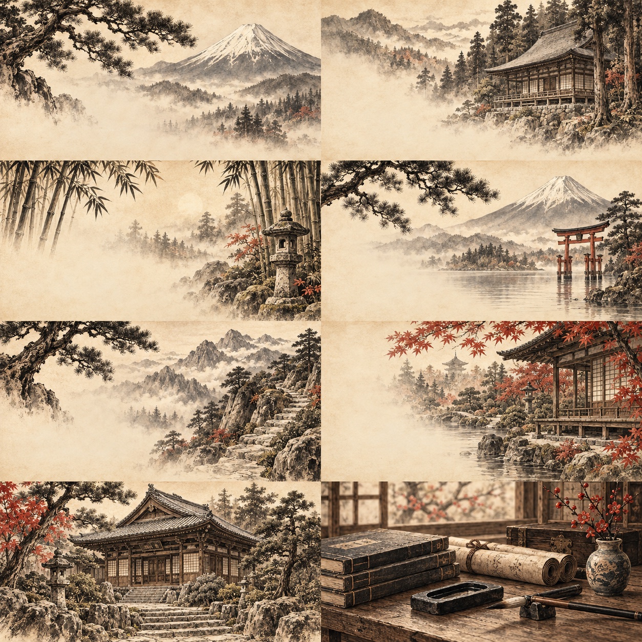 Ink wash landscape with Mount Fuji and a torii gate